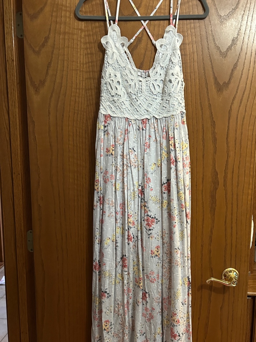 white birch Light Gray Floral Maxi Dress with Smocked Bodice
